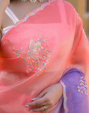 Coral Pink Tissue Silk Sequence Embroidery Saree