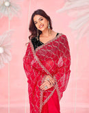 Red Valentine's Sequence Embroidery Saree