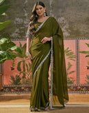 Mehandi Green Silk Sequence Embroidery Lace Saree