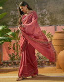 Dark Peach Shimmer Embroidery Saree