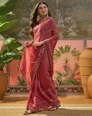 Dark Peach Shimmer Embroidery Saree