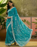 Turquoise Blue Shimmer Embroidery Saree