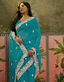 Turquoise Blue Shimmer Embroidery Saree
