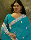 Turquoise Blue Shimmer Embroidery Saree