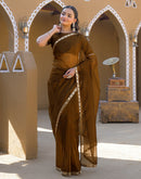 Coffee Brown Net Mirror Work Lace Saree