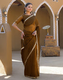 Coffee Brown Net Mirror Work Lace Saree