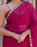 Rani Pink Net Mirror Work Lace Saree