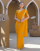 Yellow Net Mirror Work Lace Saree