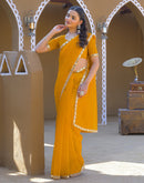 Yellow Net Mirror Work Lace Saree