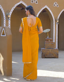 Yellow Net Mirror Work Lace Saree