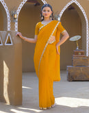 Yellow Net Mirror Work Lace Saree