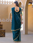 Rama Blue Net Mirror Work Lace Saree