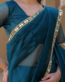 Rama Blue Net Mirror Work Lace Saree