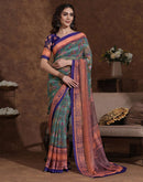 Dusty Teal Green Georgette Woven Printed Saree