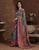 Dusty Teal Green Georgette Woven Printed Saree
