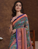 Dusty Teal Green Georgette Woven Printed Saree