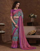 Dusty Teal Blue Georgette Woven Printed Saree