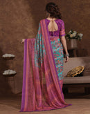 Dusty Teal Blue Georgette Woven Printed Saree