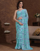 Light Turquoise Georgette Woven Printed Saree
