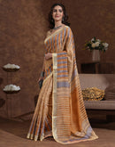 Dark Beige Linen Woven Printed Saree
