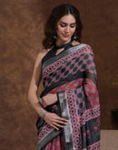 Black Linen Woven Printed Saree
