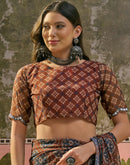 Brown Georgette Printed Mirror Work Saree