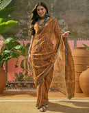 Mustard Yellow Georgette Printed Mirror Work Saree