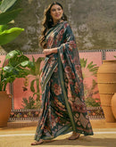 Dark Rama Blue Silk Floral Printed Zari Stripe Saree