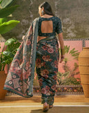 Dark Rama Blue Silk Floral Printed Zari Stripe Saree