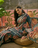 Dark Rama Blue Silk Floral Printed Zari Stripe Saree