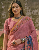 Dark Rama Blue Linen Printed Saree