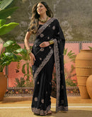 Black Vichitra Silk Stone Work Embroidery Saree