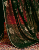 Dark Green Georgette Foil Printed Lace Saree
