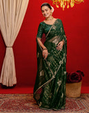Dark Green Georgette Foil Printed Lace Saree