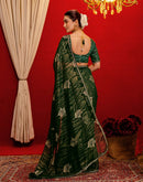 Dark Green Georgette Foil Printed Lace Saree