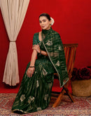 Dark Green Georgette Foil Printed Lace Saree