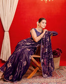 Dark Purple Georgette Foil Printed Lace Saree