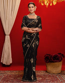 Black Georgette Foil Printed Lace Saree