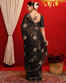Black Georgette Foil Printed Lace Saree