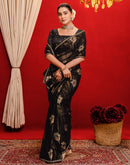Black Georgette Foil Printed Lace Saree