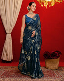Rama Blue Georgette Foil Printed Lace Saree
