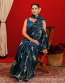 Rama Blue Georgette Foil Printed Lace Saree