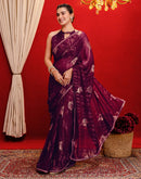Wine Georgette Foil Printed Lace Saree