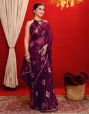 Wine Georgette Foil Printed Lace Saree