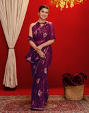 Wine Georgette Foil Printed Lace Saree