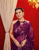 Wine Georgette Foil Printed Lace Saree