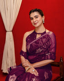 Wine Georgette Foil Printed Lace Saree
