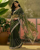 Dark Green Net Sequence Embroidery Saree