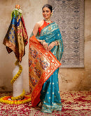 Teal Blue Silk Woven Paithani Saree
