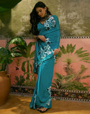 Teal Blue Georgette Floral Printed Saree